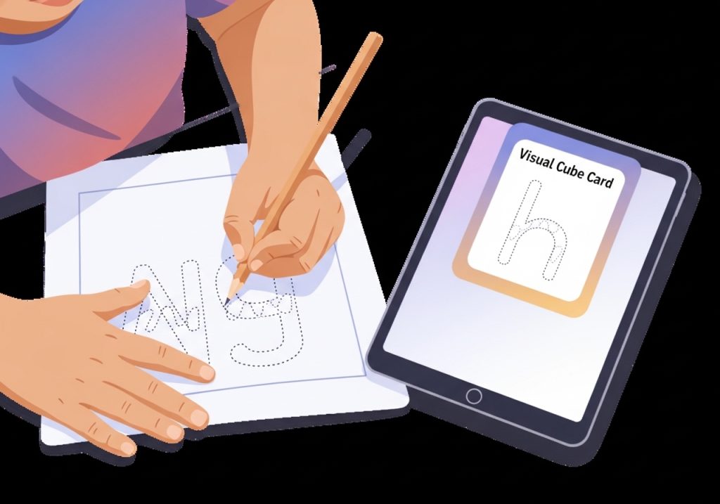 An illustration of scaffolding strategies, showing a handwriting worksheet with dotted lines and a visual cue card.