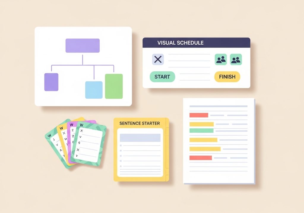 An illustration of various scaffolding tools like a graphic organizer, visual schedule, and sentence starters on a desk.
