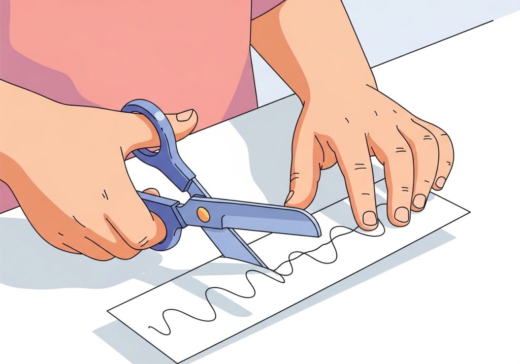 A child practicing with scissors, an important visual motor activity for developing eye-hand coordination.