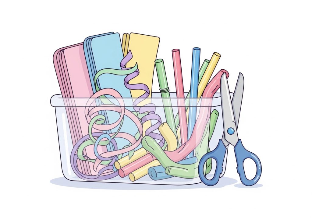 A cutting bin with paper strips and straws provides a safe way to practice scissor skills as part of kindergarten activities.