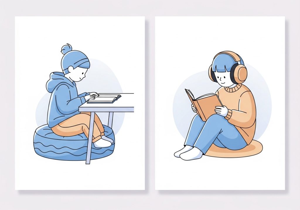 Examples of sensory adaptations: a child on a wiggle seat and another wearing headphones.