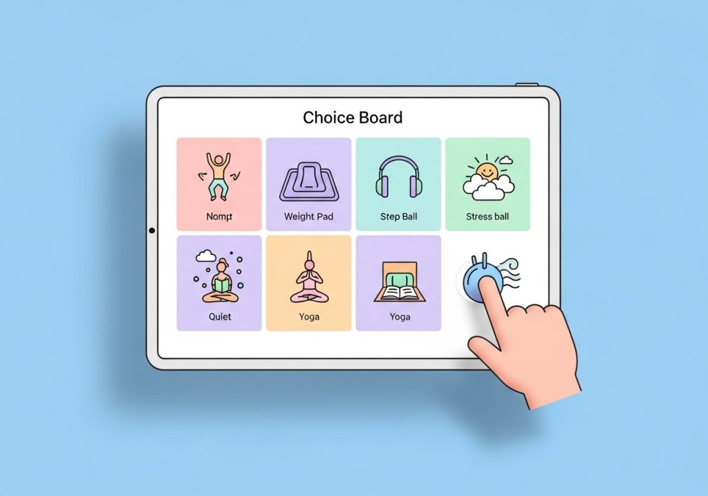 A vector art choice board with icons for different sensory break activities, a key differentiated instruction strategy.