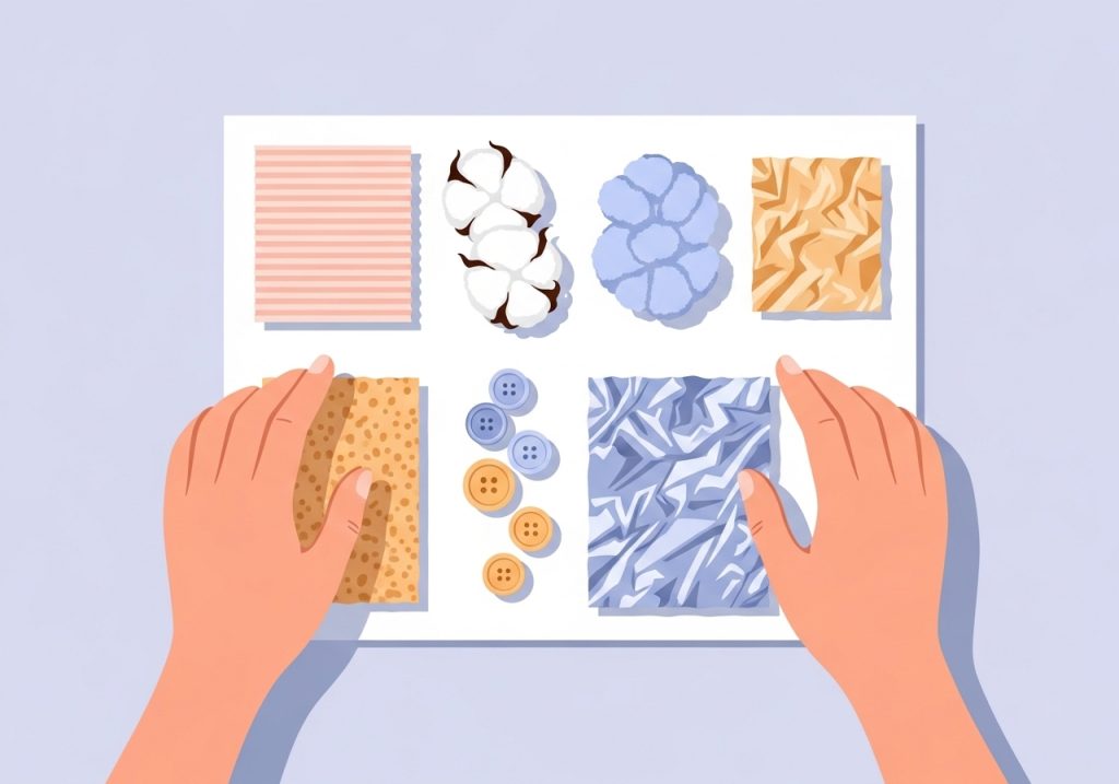 An illustration showing hands creating a sensory collage with various textured materials.