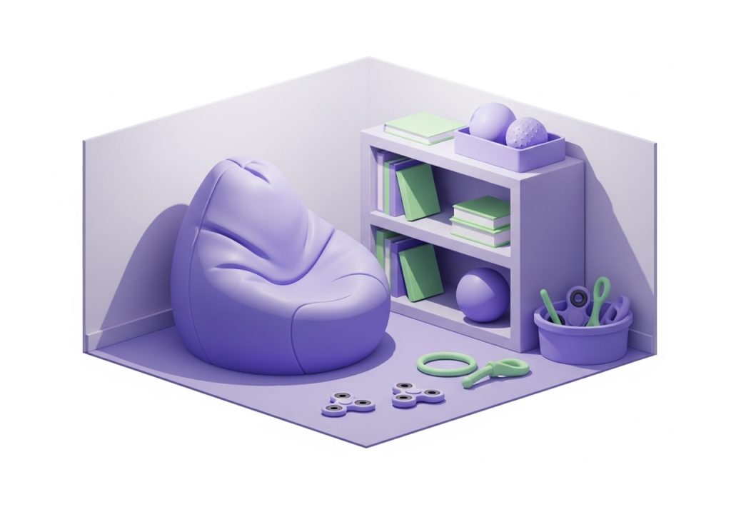 A sensory-friendly classroom corner with a beanbag chair and fidget tools.