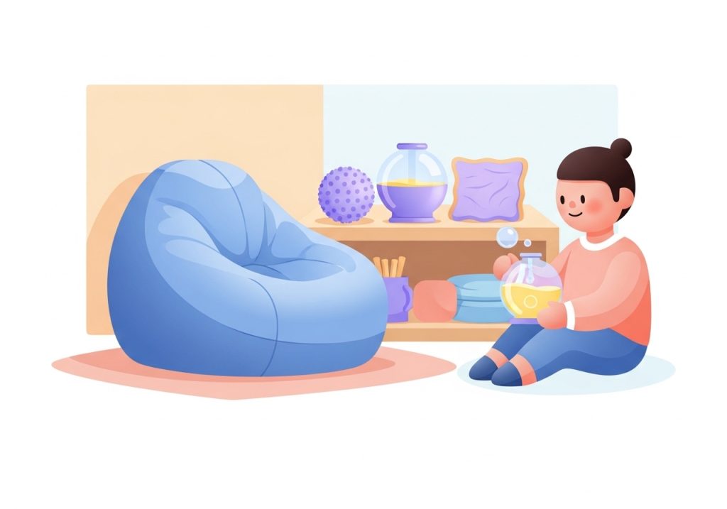 An illustration of a classroom sensory grounding station with calming items like a beanbag and textured toys.