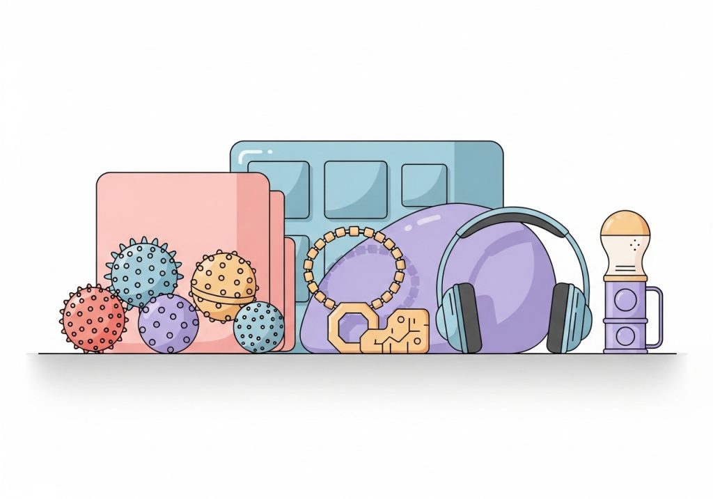 An illustration of a sensory toolkit with items like a weighted lap pad, headphones, and fidget toys.
