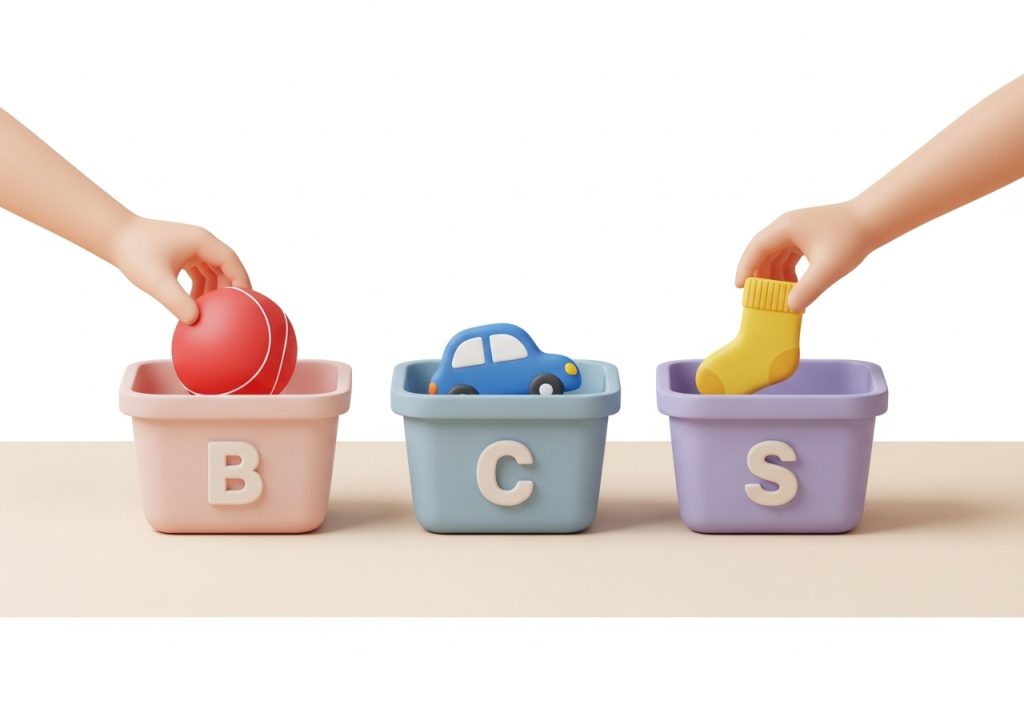 Baskets with toys sorted by their beginning sound, a hands-on phonological awareness activity for preschoolers.
