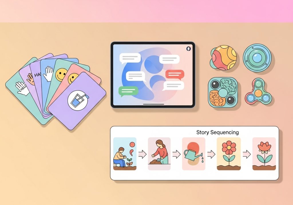 A collection of therapeutic tools used in autism speech language therapy, including picture cards and a tablet.