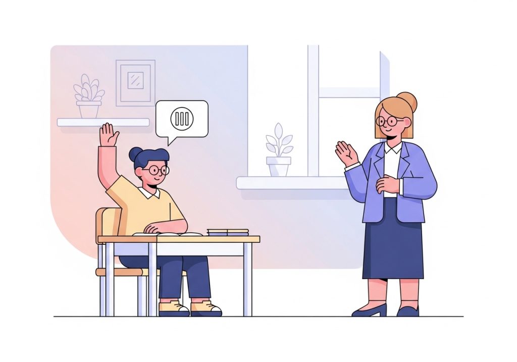 An illustration of a student using a signal to request a break in the classroom, demonstrating a self-advocacy IEP goal.