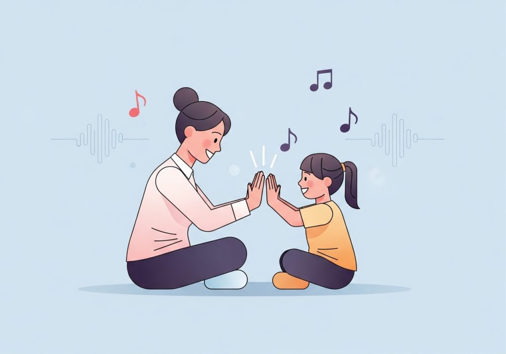 An illustration of an adult and child clapping hands to count syllables, a simple phonological awareness activity.