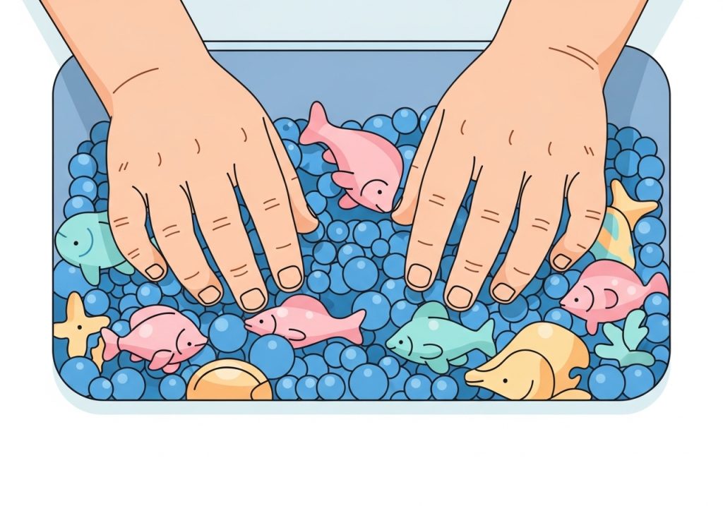 A child's hands shown engaging with a tactile bin, a common tool used in sensory activities.
