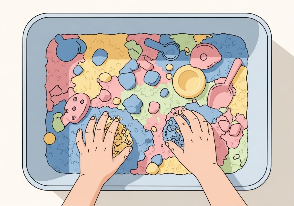 A child's hands playing in a sensory bin, representing a tactile activity for a sensory diet.