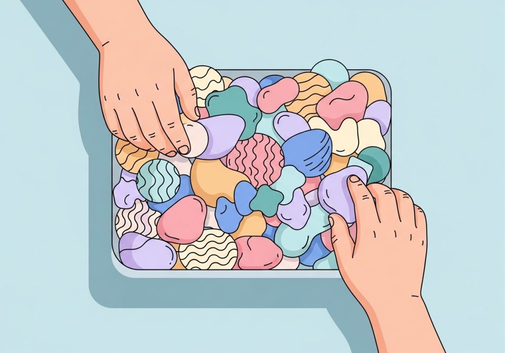 Illustration of a child's hands engaging in tactile play with a sensory bin.
