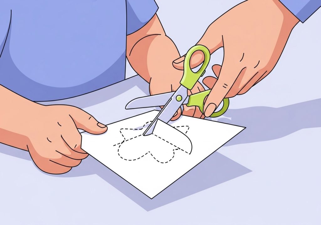 An illustration of a child practicing fine motor skills by cutting paper with scissors during a targeted activity.