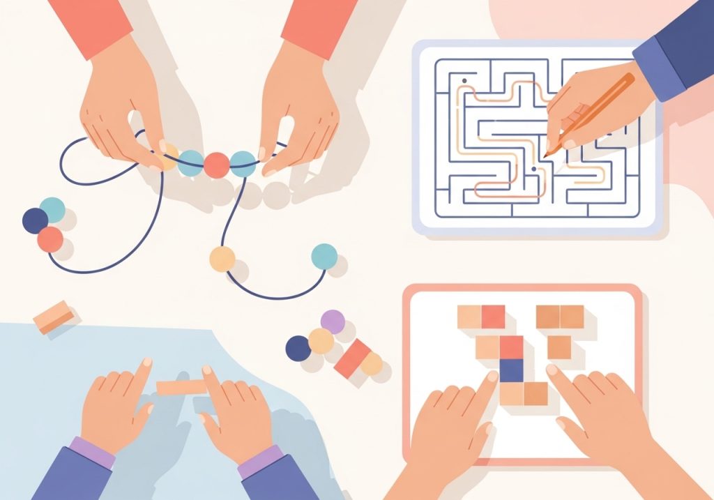 An illustration of occupational therapy activities like bead threading and mazes to support visual accommodation skills.