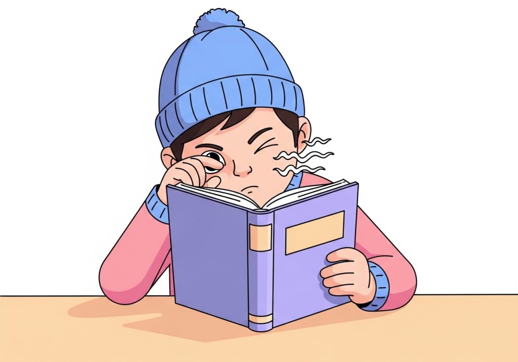 Illustration of a child showing signs of visual accommodation problems, such as eye rubbing and holding a book too close.