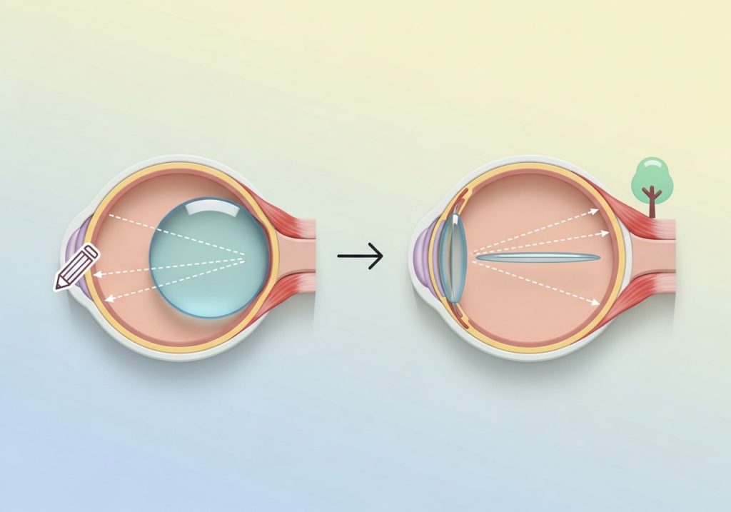 Diagram showing the eye's lens changing shape for near and far focus, illustrating how visual accommodation works.