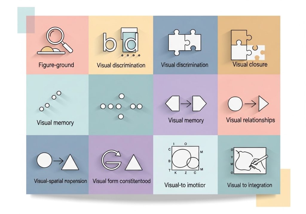 Icons representing the seven components of visual perceptual skills, such as visual discrimination and figure-ground.