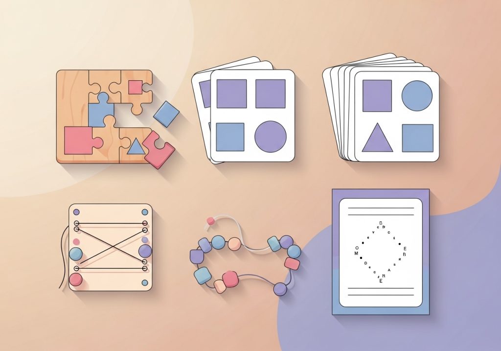 An illustration of various activities that support visual perceptual skill development, including puzzles and matching games.