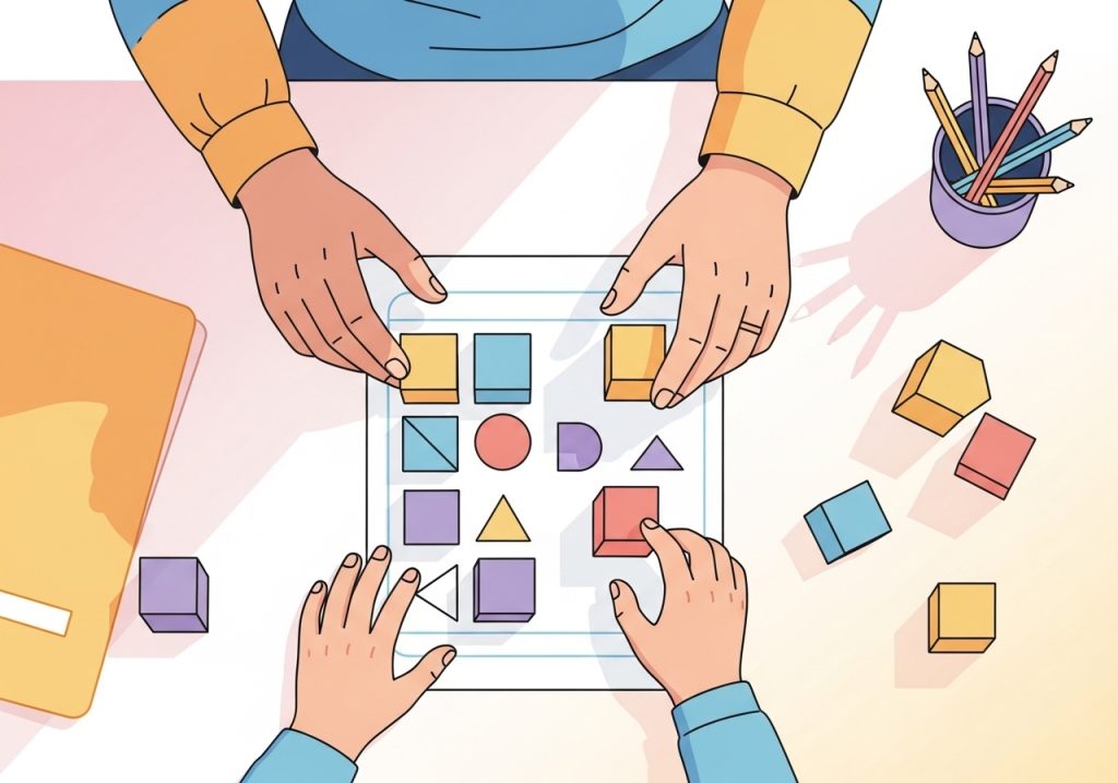 An illustration of a child and adult doing a hands-on activity to improve visual perceptual skills.