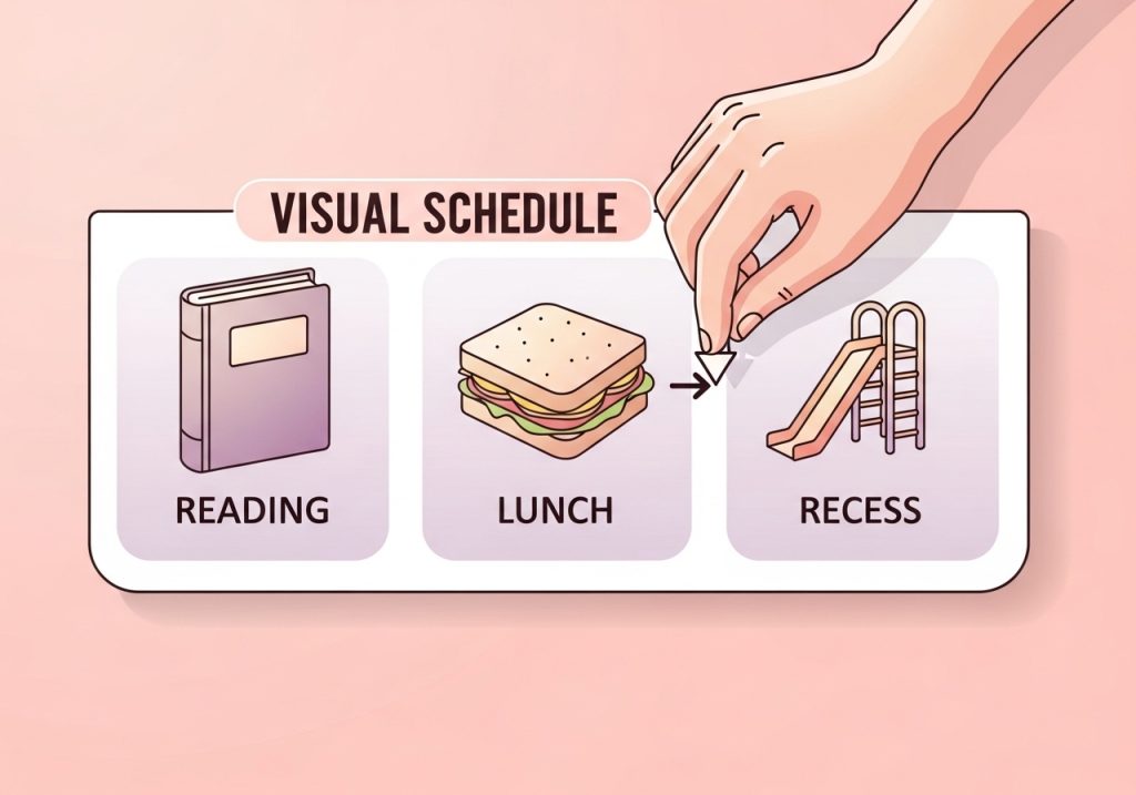 An illustration of a visual schedule used to help students with difficult transitions, a key part of a behavior intervention plan.