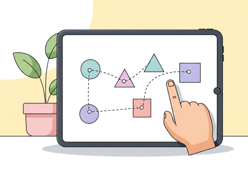 A vector illustration of a visual tracking exercise on a tablet, a type of sensory activity for visual motor skills.