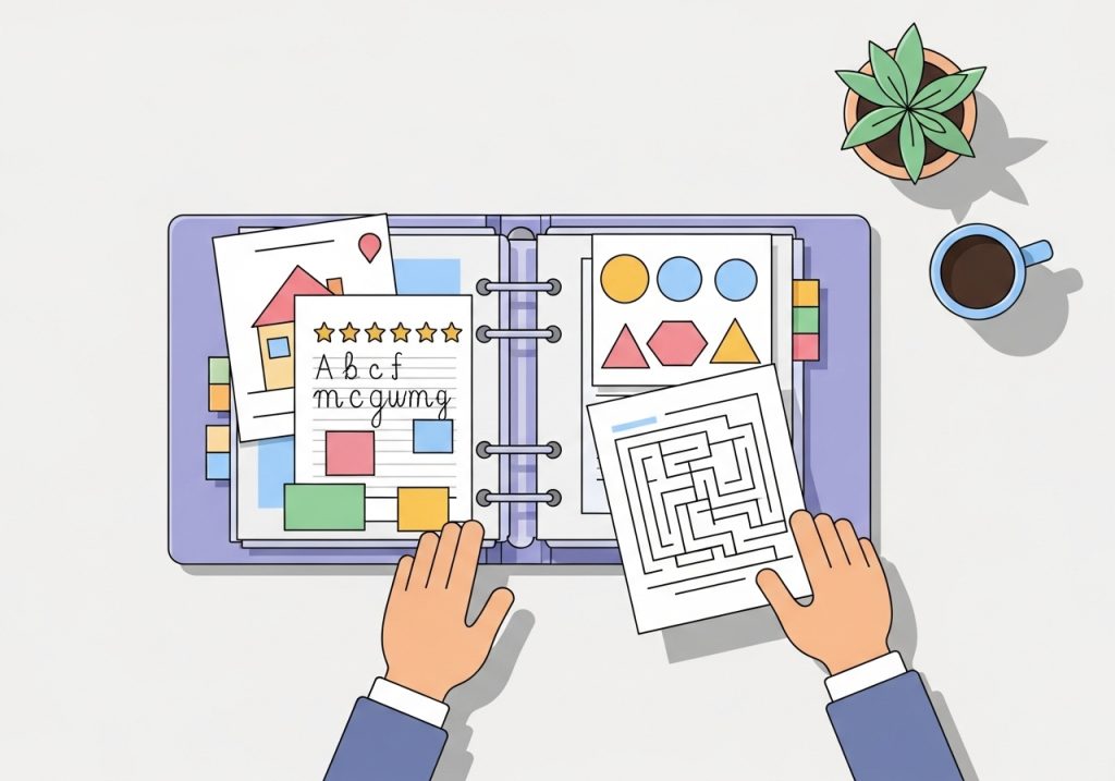 An illustration of a work sample binder, a type of student portfolio example, being organized with handwriting and drawing samples.