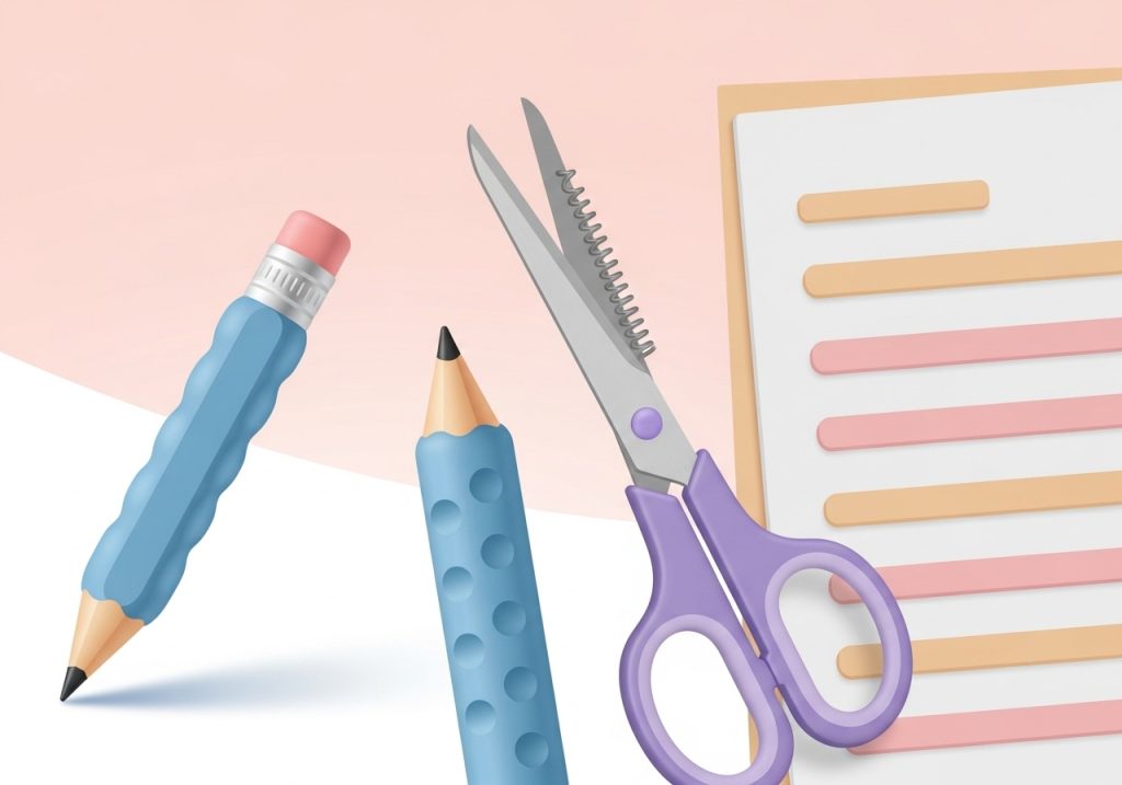 An illustration of adapted classroom materials like a pencil grip and loop scissors, part of a guide for teachers.
