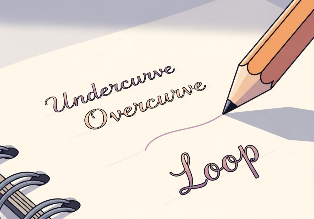 An illustration of the basic cursive strokes, such as loops and curves, on lined paper, demonstrating the first step in learning cursive writing.