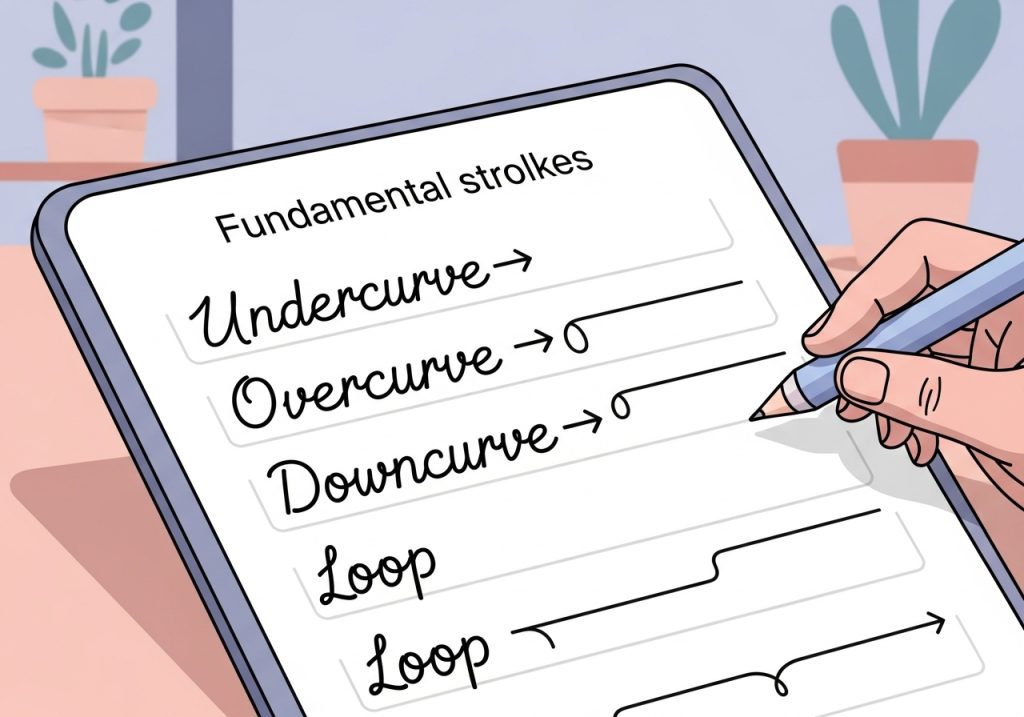 Vector illustration of basic cursive writing strokes like the undercurve and overcurve shown on a worksheet.