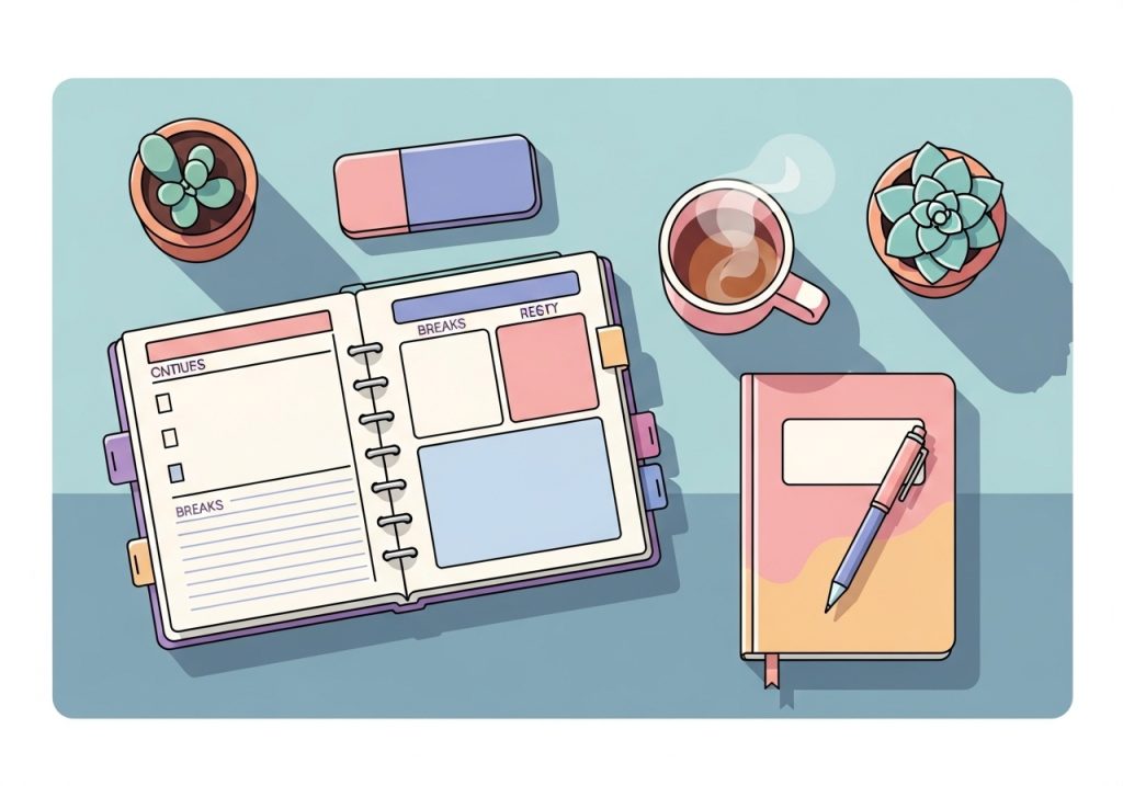 An illustration of practical strategies for managing burnout, such as journaling and scheduling intentional breaks.