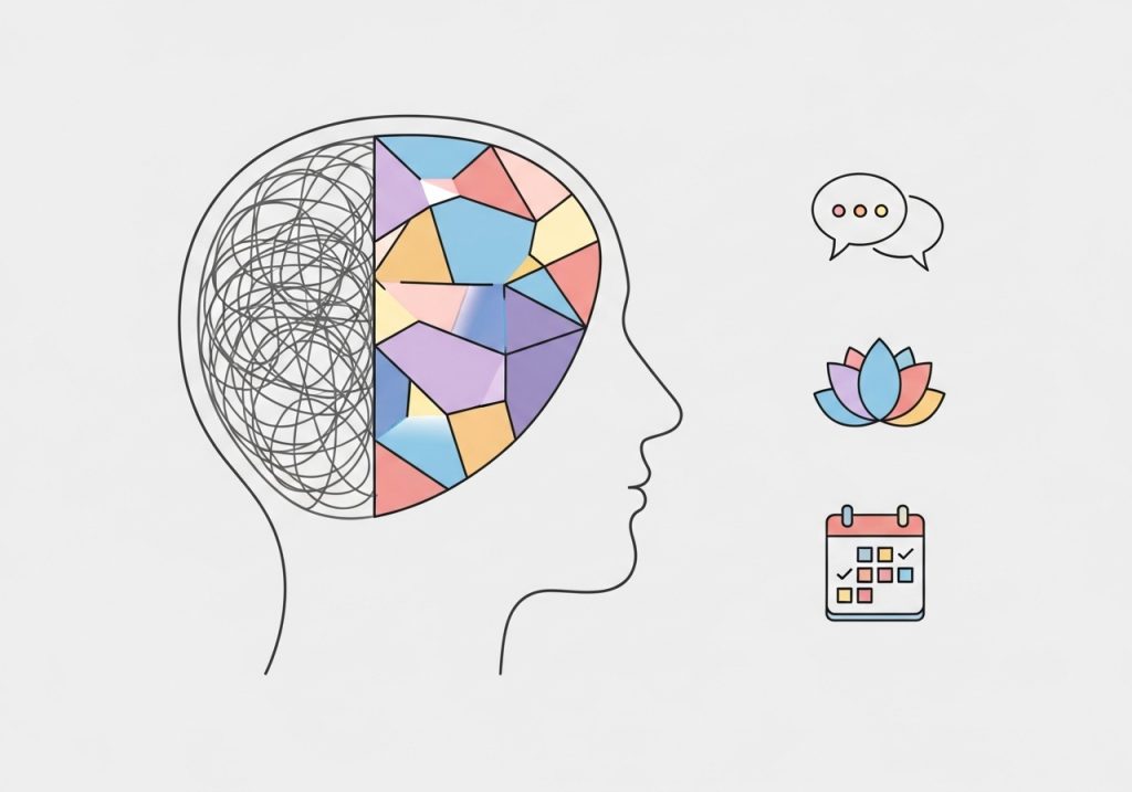 An illustration of therapeutic approaches for burnout, including cognitive strategies and mindfulness techniques.