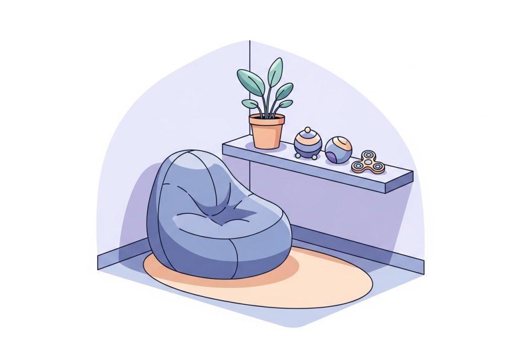 An illustration of a classroom calm-down corner, a strategy for emotional regulation and classroom management.