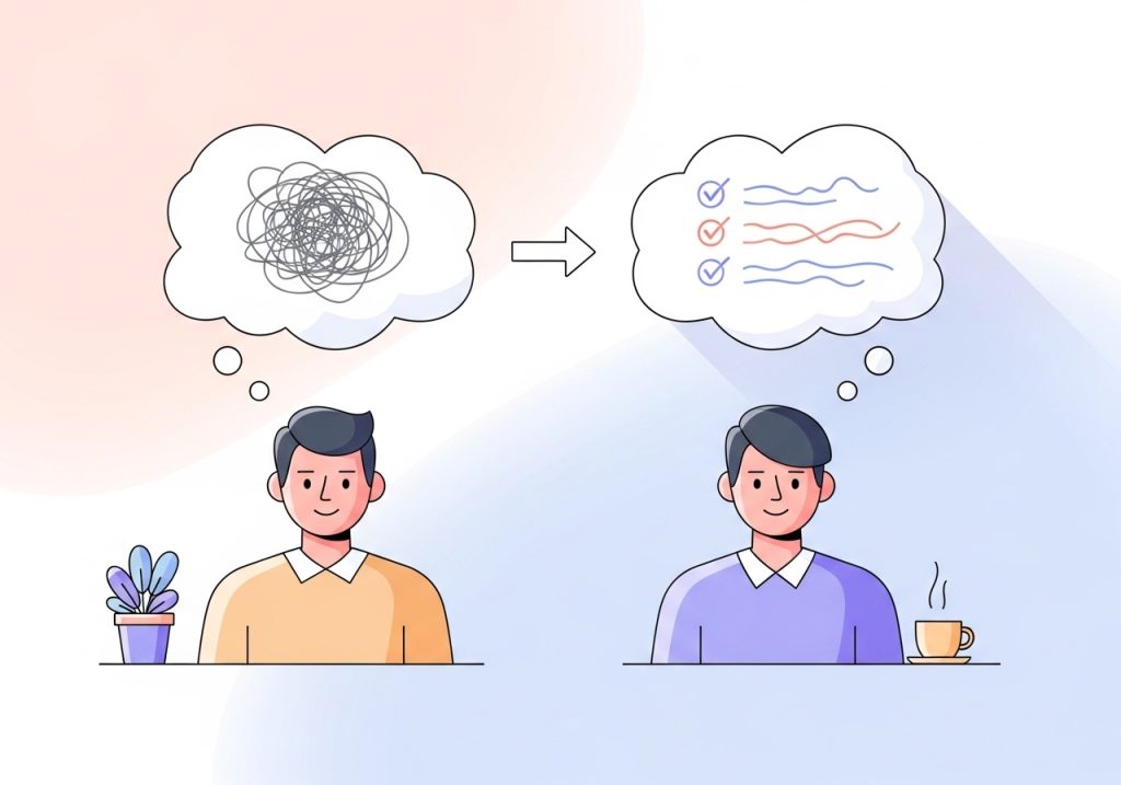 An illustration of a jumbled thought bubble becoming an organized list, representing cognitive restructuring techniques in CBT.