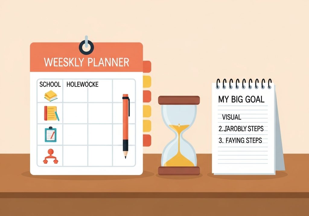 An illustration of practical CBT tools like a weekly planner and visual timer used to support executive functions at home or school.