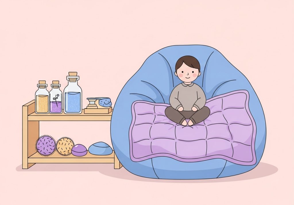 Illustration of a calm-down corner in a classroom with a beanbag and sensory tools, part of a guide for teachers on modifying the environment.