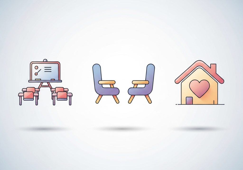 Vector icons representing different settings for communication skills training: a classroom, a therapy session, and a home.