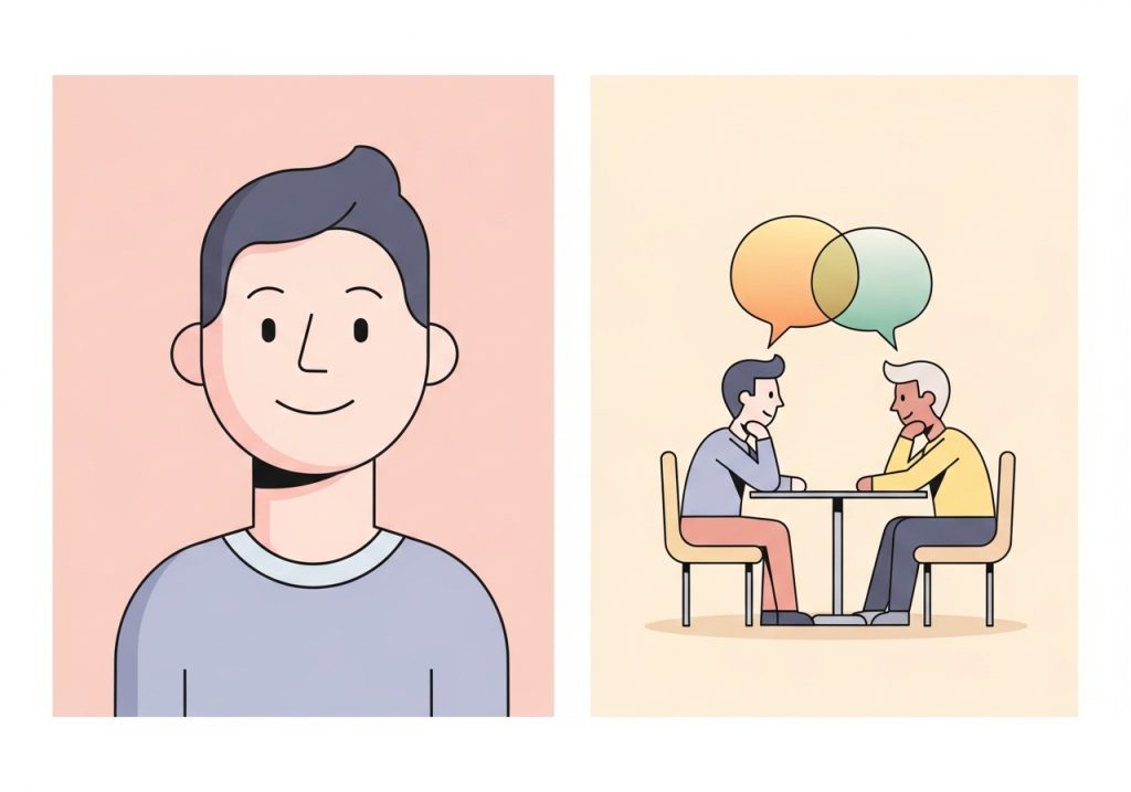 An illustration showing two core strategies for communication skills training: modeling nonverbal cues and role-playing conversations.