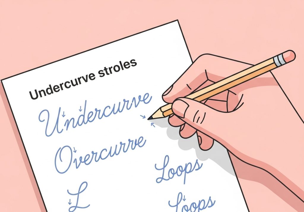 An illustration of foundational strokes like loops and curves for learning how to write in cursive writing.
