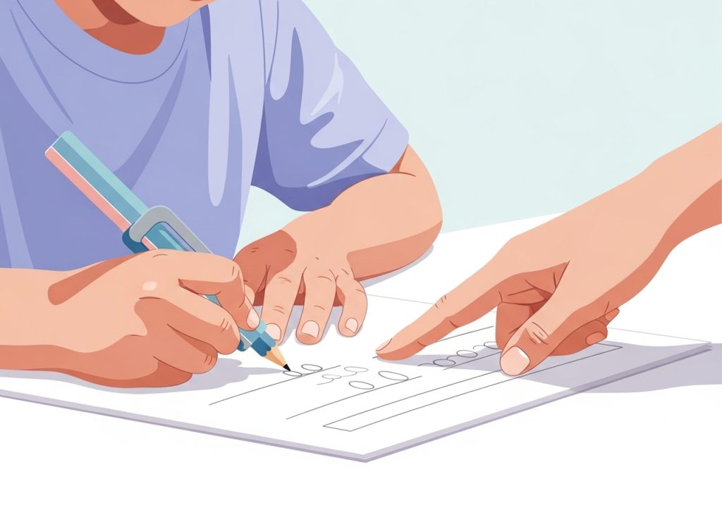 An illustration of a child receiving support with an evidence-based handwriting program, an example of EBP in action.
