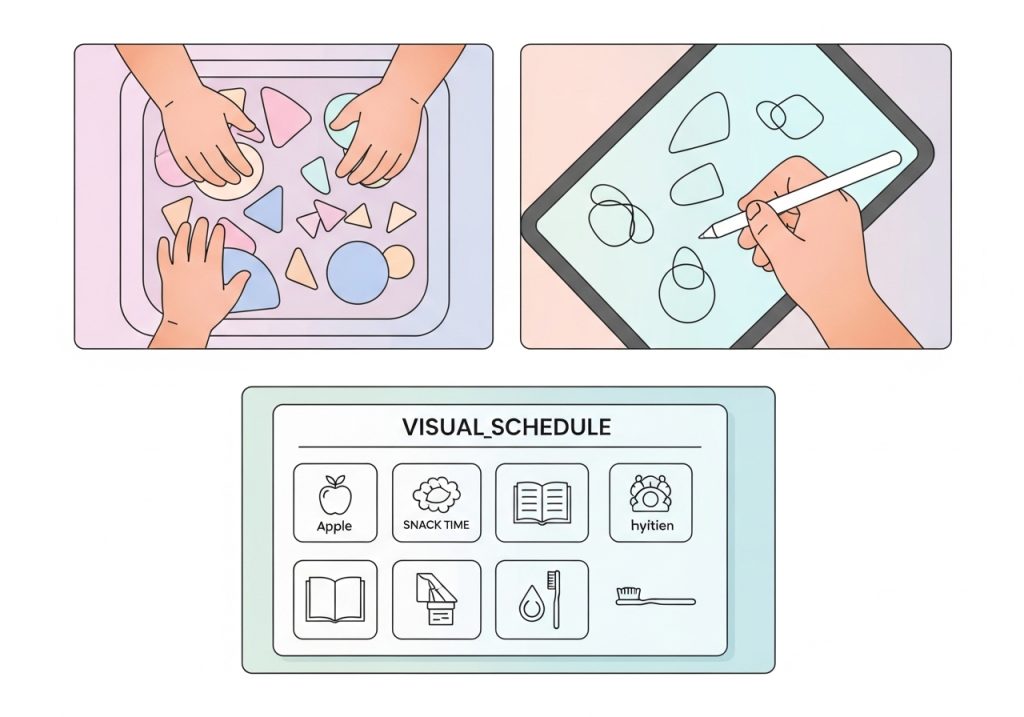 Illustrations of evidence-based practice examples, including a sensory bin, handwriting practice, and a visual schedule.