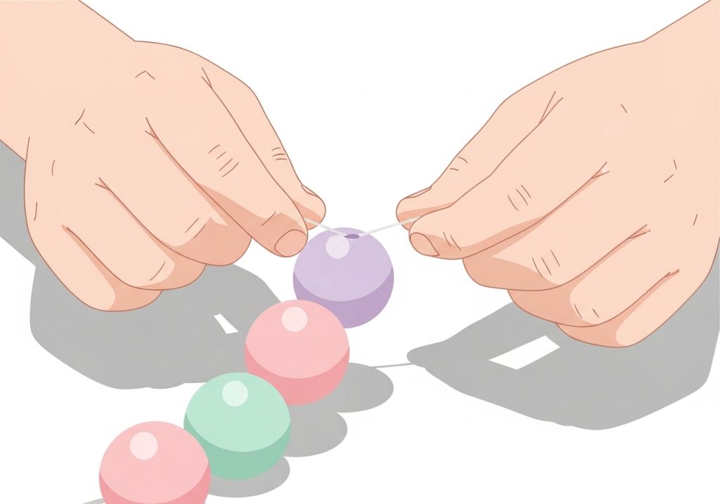 A child's hands threading beads, a fine motor manipulative activity that helps with hand-eye coordination.
