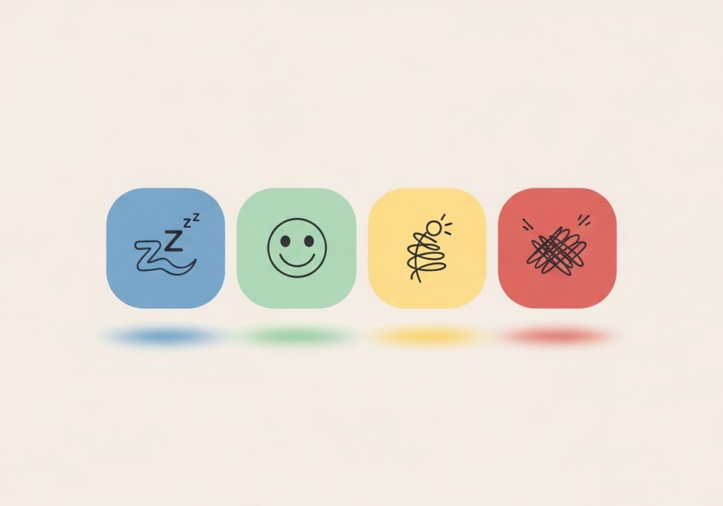 A graphic showing the four colors of the Zones of Regulation with icons for slow, ready, caution, and stop.
