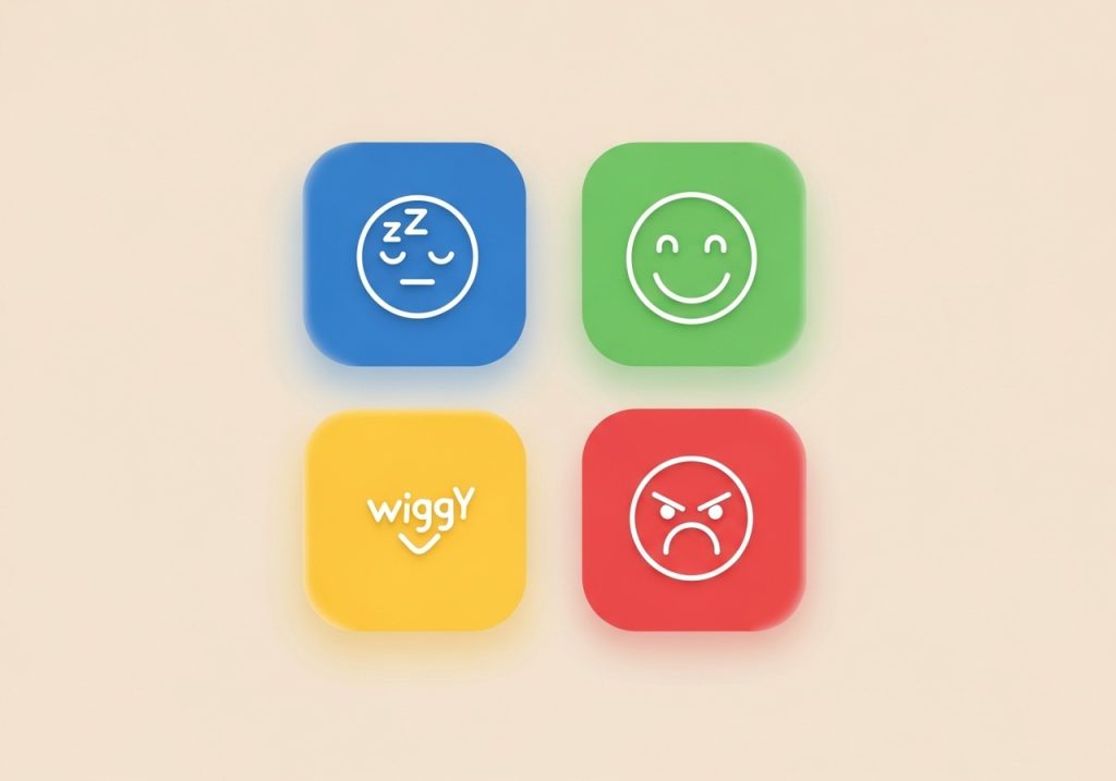 Vector icons showing the emotions for the four self-regulation zones: tired (blue), calm (green), wiggly (yellow), and upset (red).