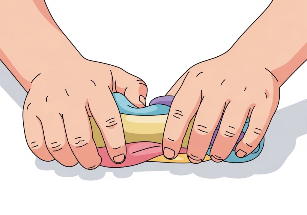An illustration of a child's hands building strength by squeezing and molding colorful therapy putty.