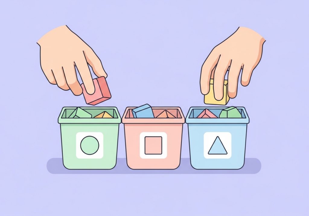 Vector illustration of a child sorting blocks into bins, an example of a hands-on activity for categorization skills.