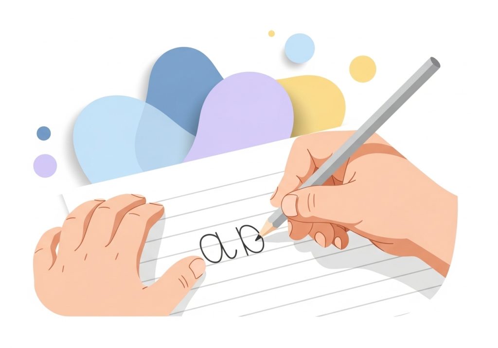 Illustration of a child practicing handwriting goals to improve letter sizing and legibility.