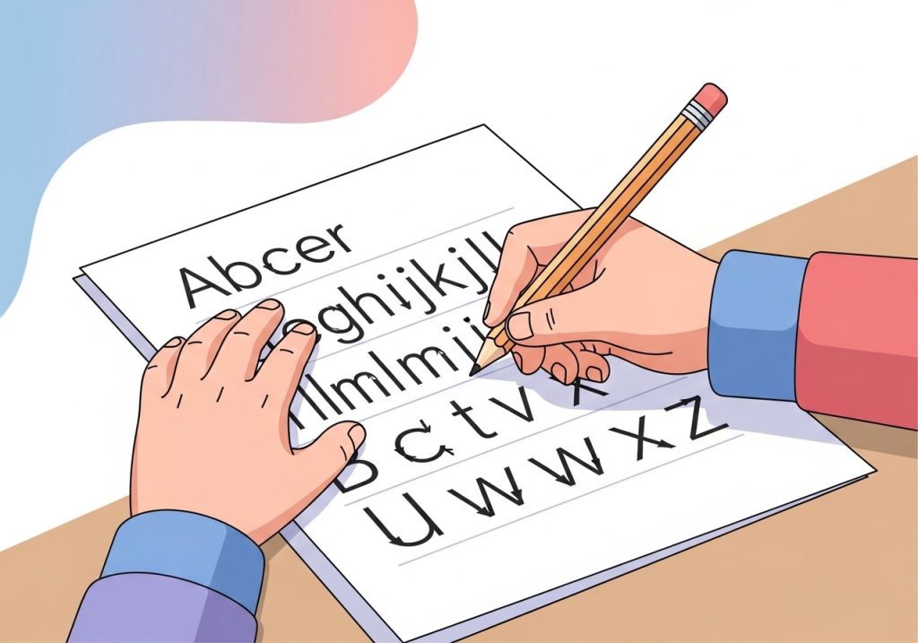 A child practicing letter formation using a handwriting worksheet, one of many useful teacher created resources.