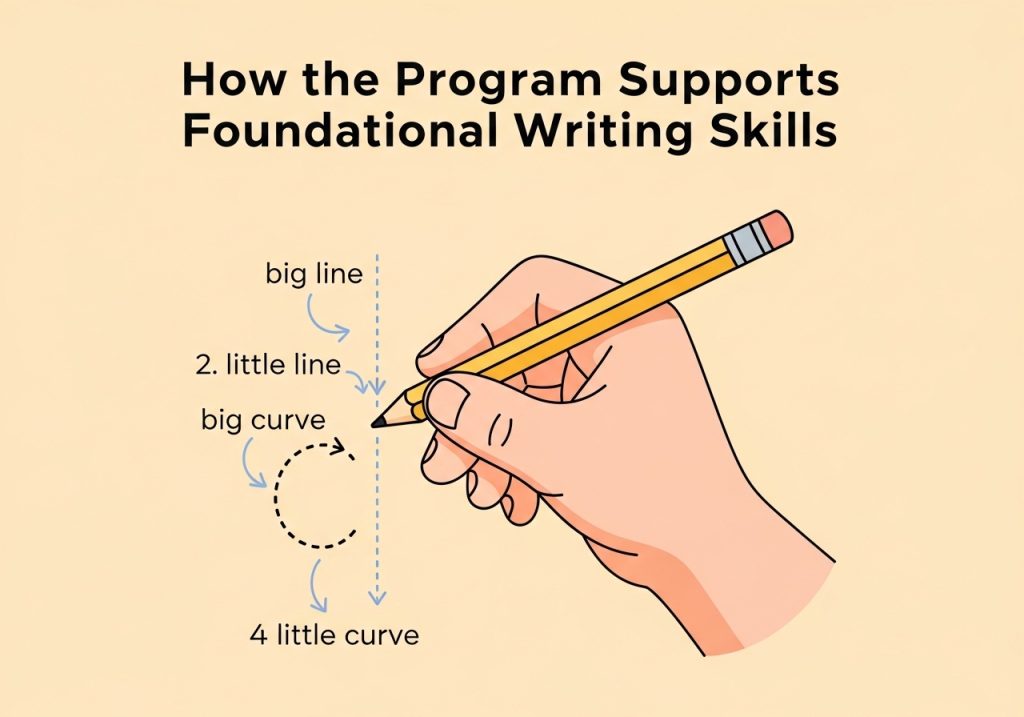 A diagram showing how Handwriting Without Tears supports foundational writing skills through proper pencil grasp and simple stroke formation.