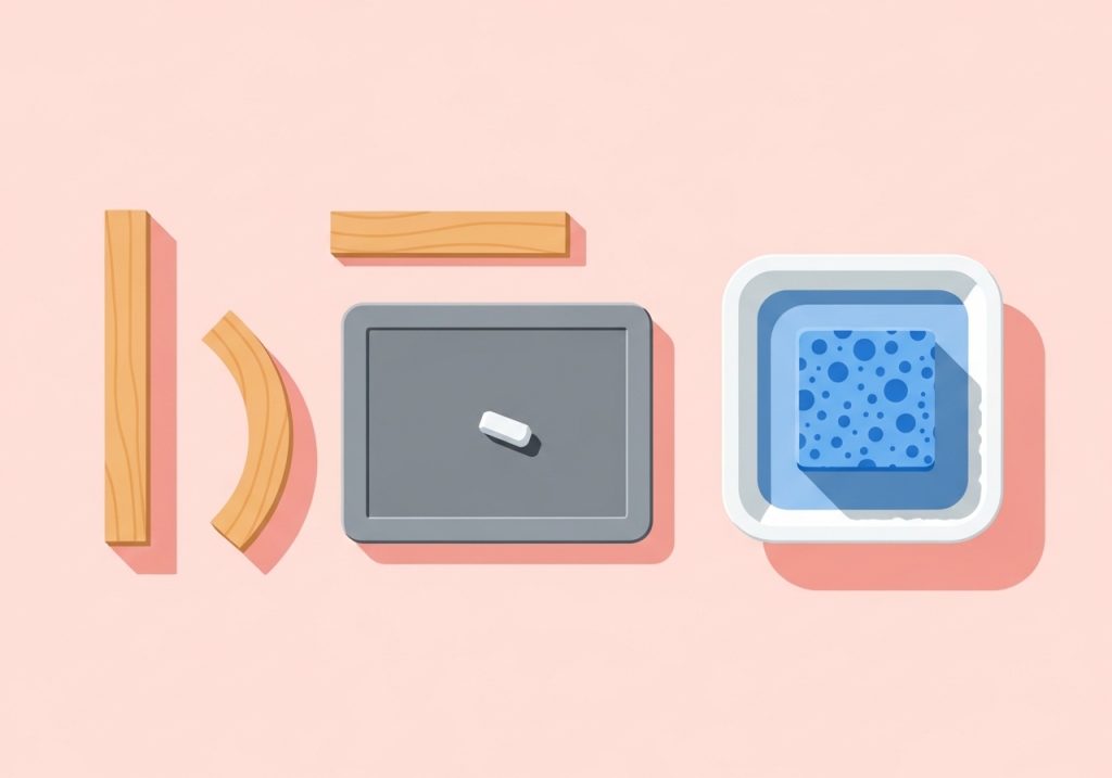An illustration of the multisensory tools used in Handwriting Without Tears, including wood pieces, a slate, and a sponge.